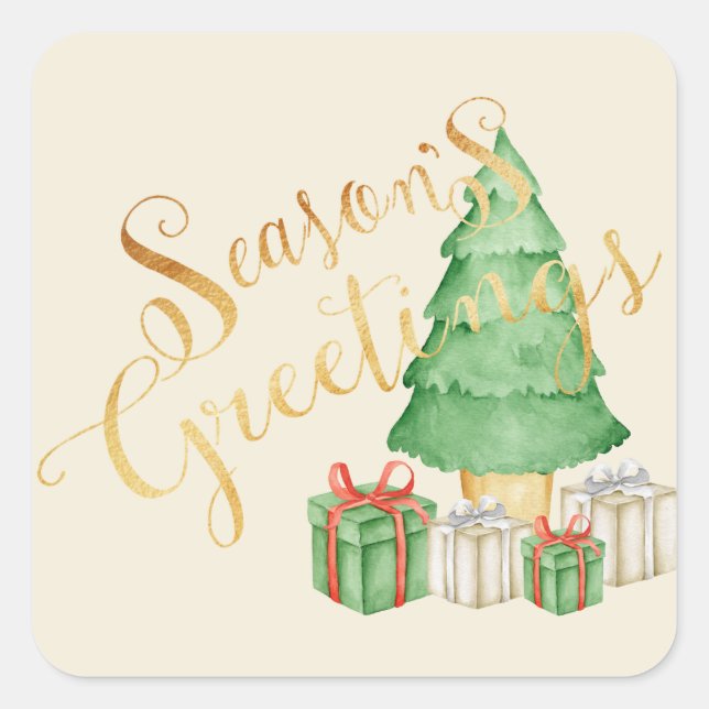 Seasons Greetings Watercolor Holiday Elegant Square Sticker (Front)