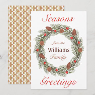 Seasons Greetings Watercolor Wreath Christmas Holiday Card
