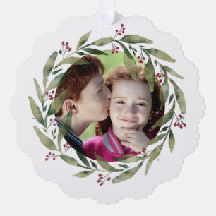 Seasons Greetings Watercolor Wreath Holiday Ornament Card