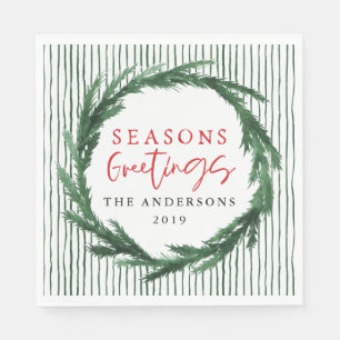 Seasons greetings watercolor wreath + stripe napkin