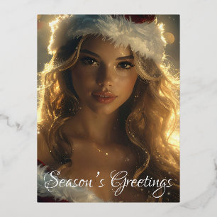 SEASON'S GREETINGS with beautiful Santa Angel  Foil Holiday Postcard