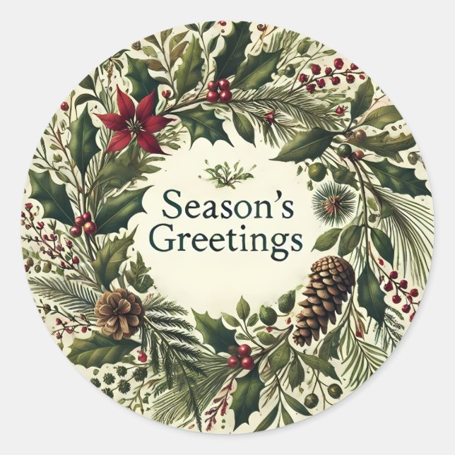 Season's Greetings Wreath Round Sticker (Front)