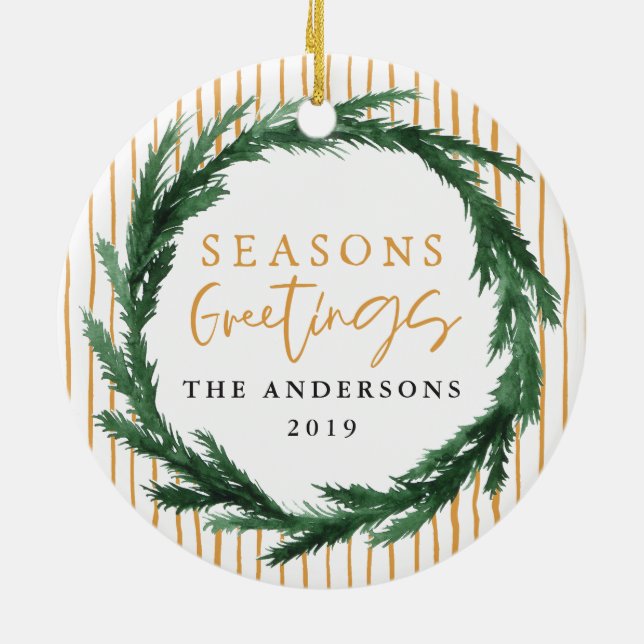 Seasons greetings wreath + stripe Christmas photo Ceramic Ornament (Back)