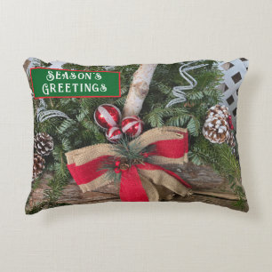 Season's Greetings Yule Log Greenery Ornaments Accent Pillow