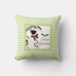 Seasons Grrreetings Dog w/green chevron background Throw Pillow