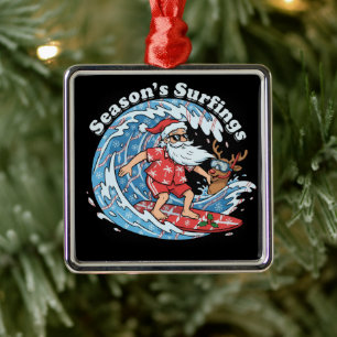 Season's Surfings Funny Surfing Santa Hawaiian Metal Ornament