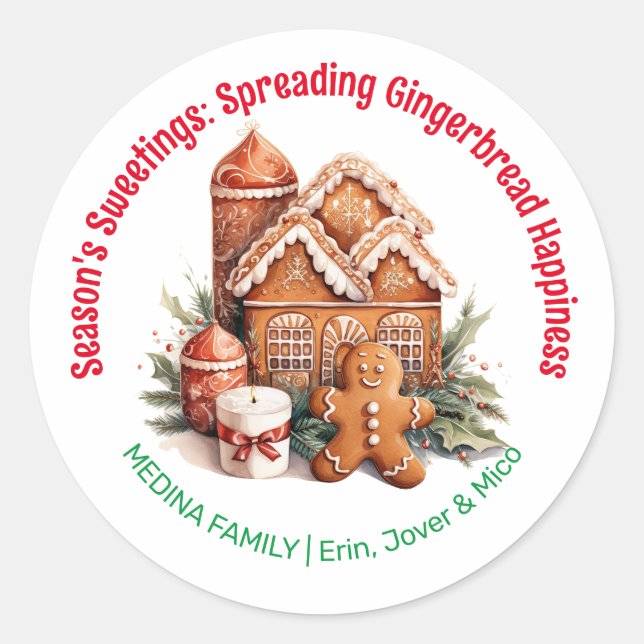 Season's Sweetings Gingerbread Christmas Classic Round Sticker (Front)