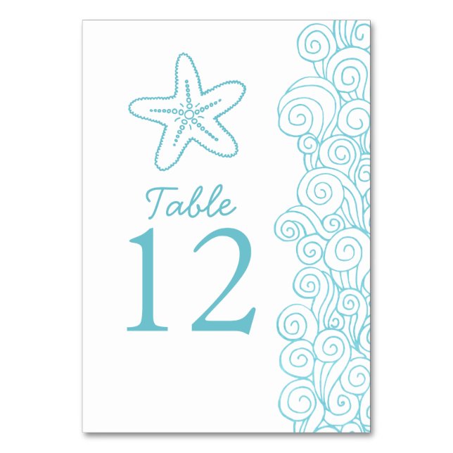 Seastar waves aqua beach Wedding table numbers (Back)