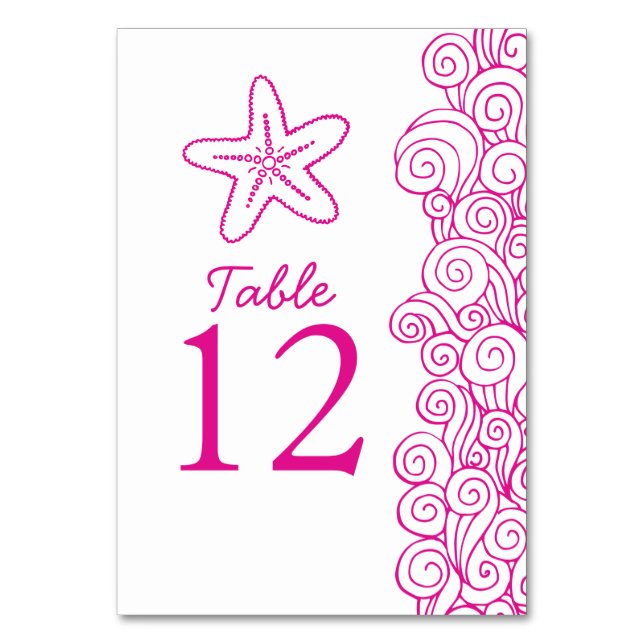 Seastar waves pink beach Wedding table numbers (Front)