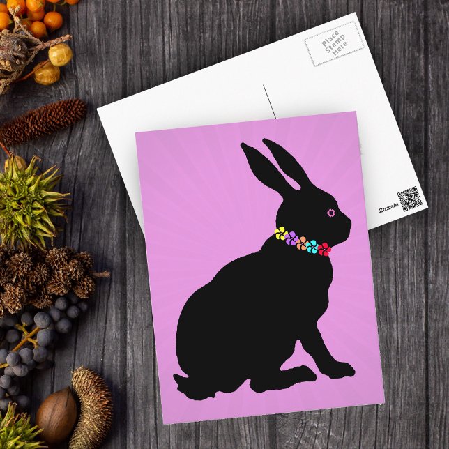 Seated Black Rabbit in Silhouette Pretty Flowers Postcard (Black Easter or Spring Time sitting rabbit silhouette form with flowers on pink postcard.)