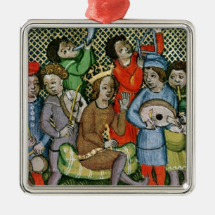 Seated crowned figure surrounded by musicians metal ornament