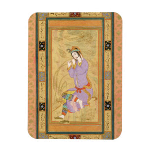 Seated girl curling her hair into ringlets, from t magnet