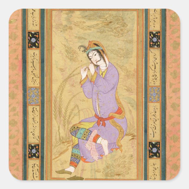 Seated girl curling her hair into ringlets, from t square sticker (Front)