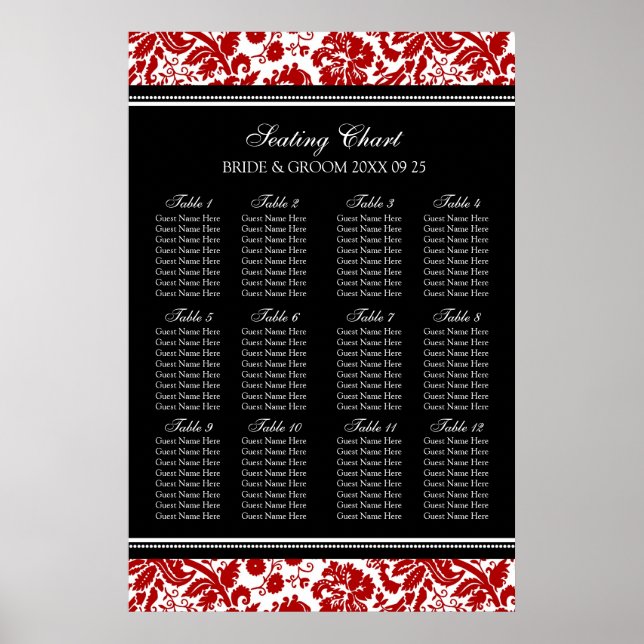 Seating Chart 12 Tables 96 Guest Red Black Damask (Front)