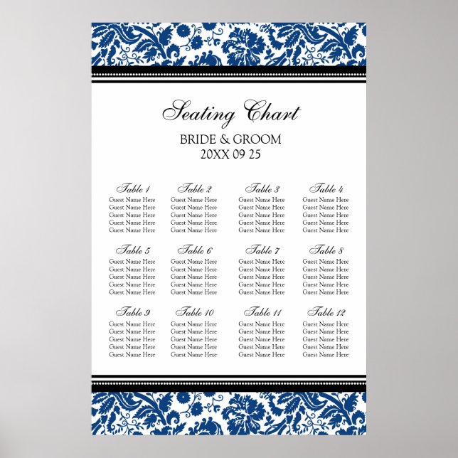 Seating Chart 12 Tables Black Blue Damask (Front)