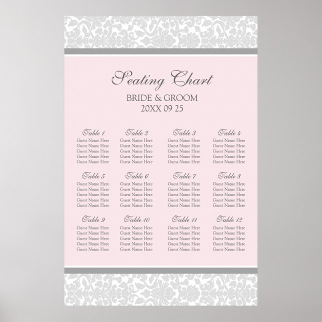 Seating Chart 12 Tables Pink Grey Damask (Front)