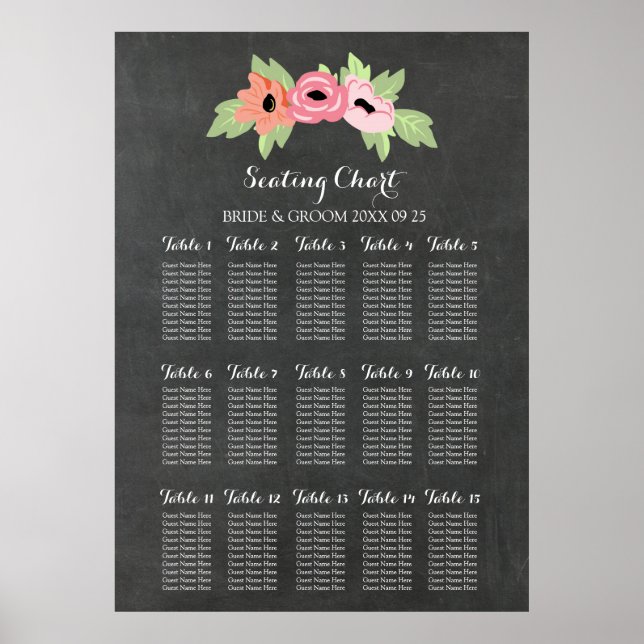 Seating Chart 15 Table 150 Guest Chalkboard Floral (Front)