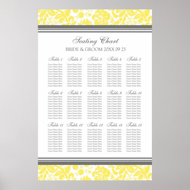 Seating Chart 15 Tables 150 Guest Yellow Damask (Front)