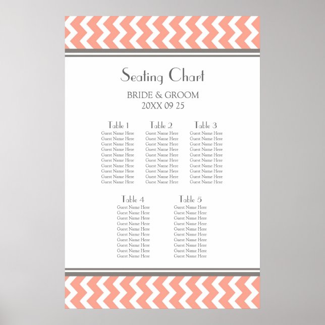 Seating Chart 5 Tables Coral Grey Chevron (Front)