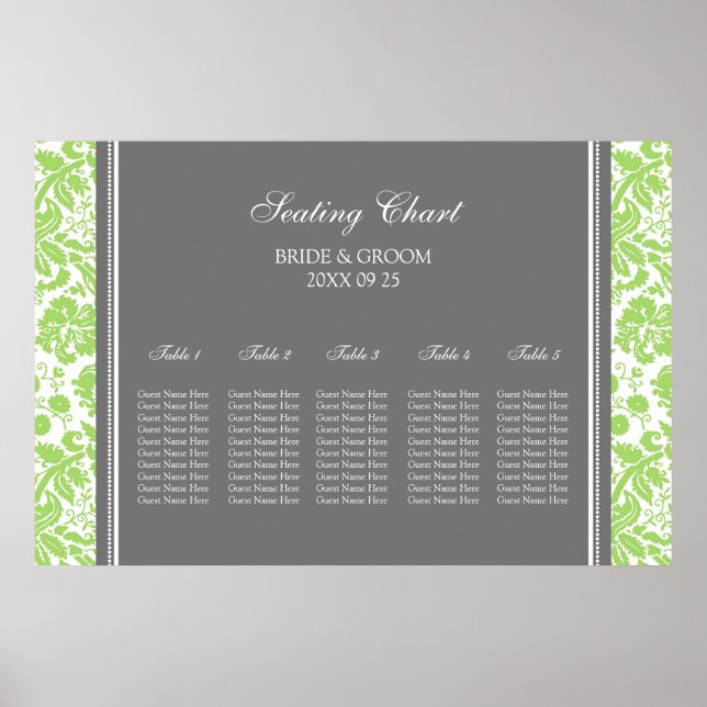 Seating Chart 5 Tables Gray Lime Damask (Front)
