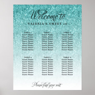 Seating Chart Aqua Blue Glitter Poster