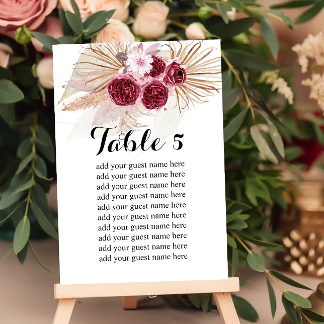 Seating Chart Boho Burgundy Pampas Grass Table Number (Creator Uploaded)