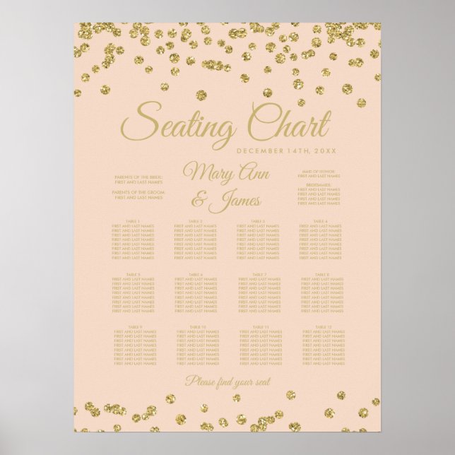 Seating Chart Gold Faux Glitter Confetti Blush (Front)