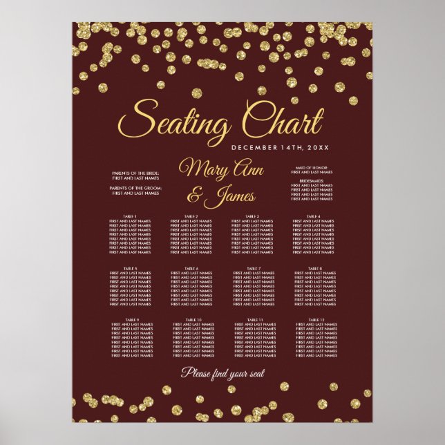 Seating Chart Gold Faux Glitter Confetti Marsala (Front)