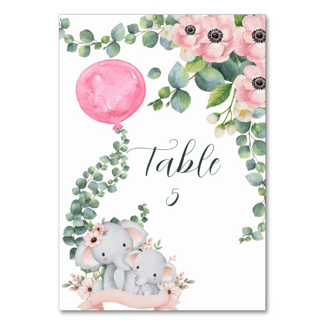 Seating Chart Pink Balloon Eucalyptus Elephant  Table Number (Front)