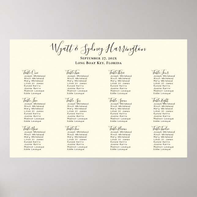 Seating Chart Poster Plain Ecru Table Numbers (Front)