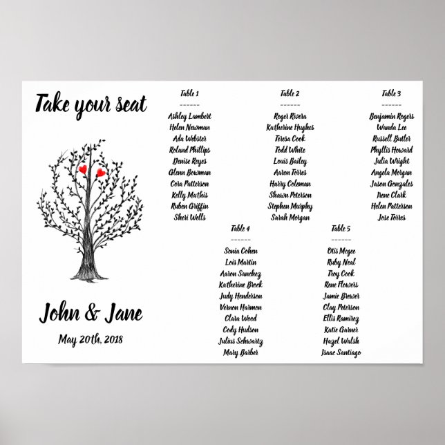 Seating Chart Poster - Tree and red hearts Design (Front)