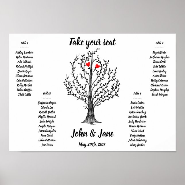 Seating Chart Poster - Tree and red hearts Design (Front)