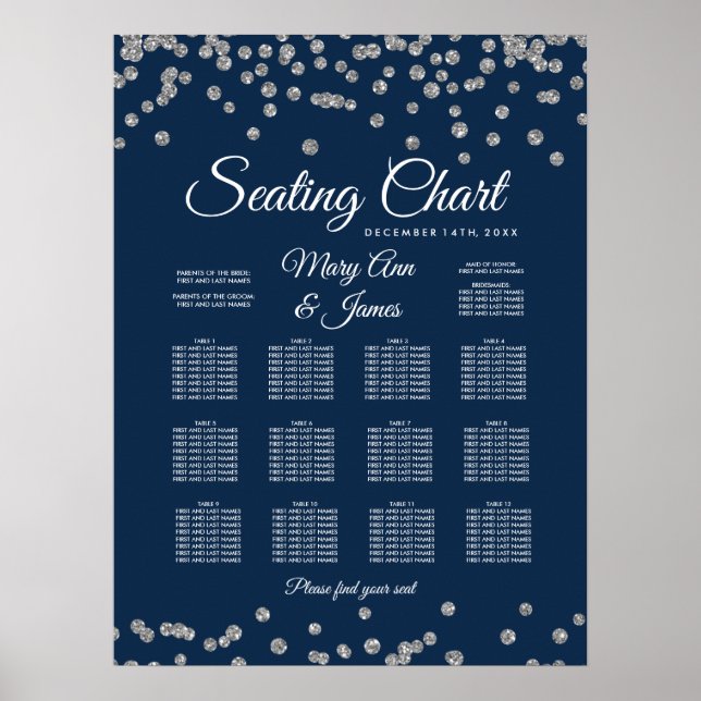 Seating Chart Silver Faux Glitter Confetti Navy (Front)