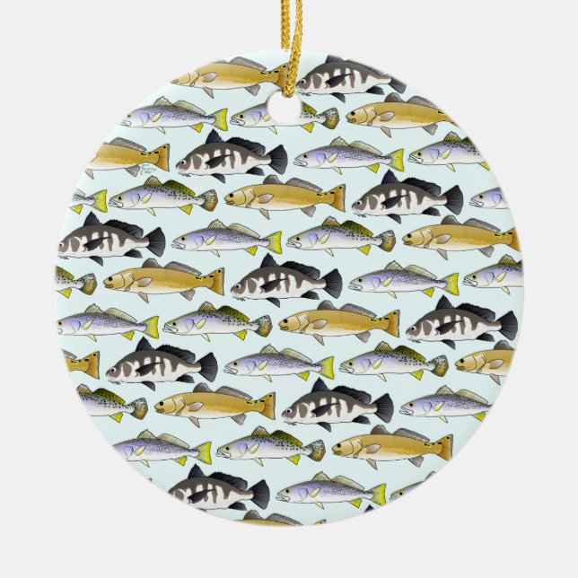 Seatrout and Drum Pattern in blue Ceramic Ornament (Front)