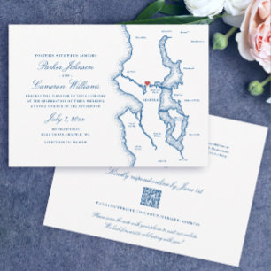 Seattle All-in-One QR code RSVP Blue Wedding Invitation