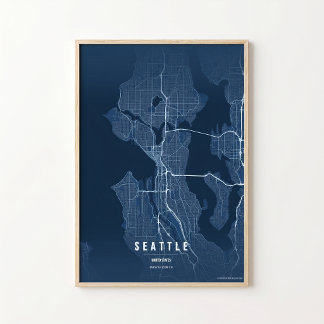 Seattle Blue Map Print Washington City Wall Art 