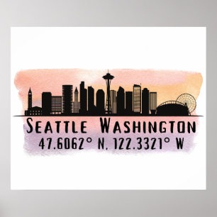 Seattle City Skyline Latitude and Longitude Print