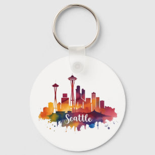 Seattle City watercolor Skyline Keychain