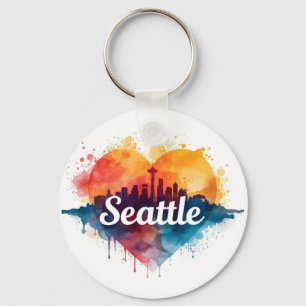 Seattle City watercolor Skyline Keychain