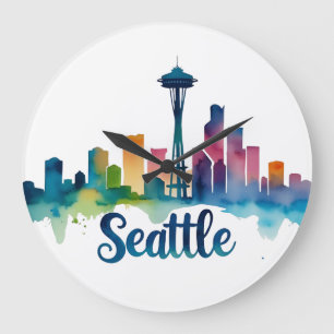 Seattle City watercolor Skyline Large Clock