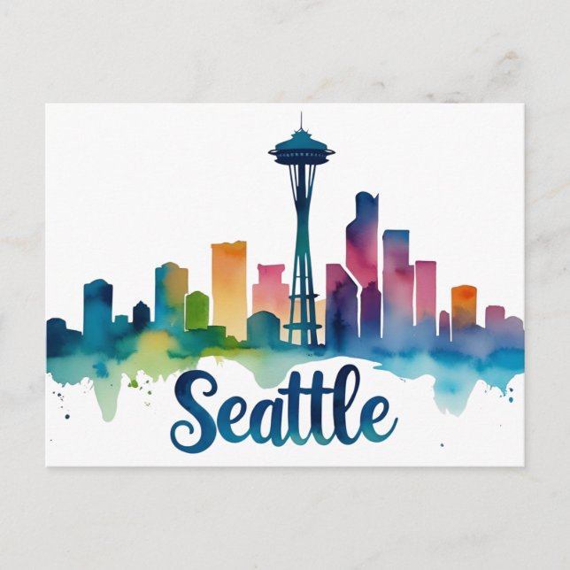 Seattle City watercolor Skyline Postcard (Front)