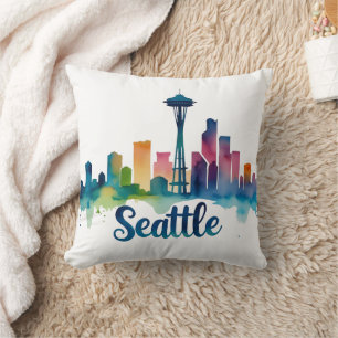 Seattle City watercolor Skyline Throw Pillow