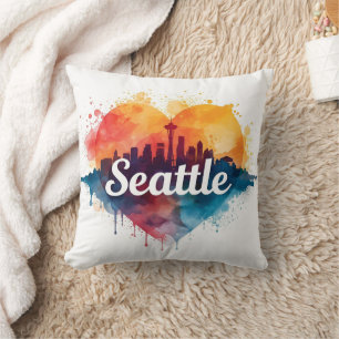 Seattle City watercolor Skyline Throw Pillow