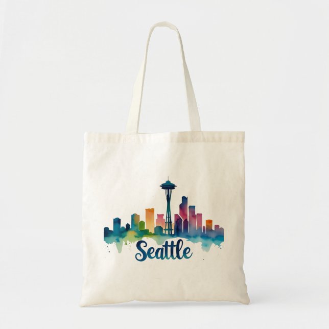 Seattle City watercolor Skyline Tote Bag (Front)