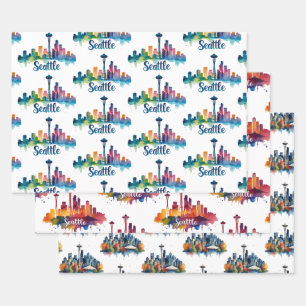 Seattle City watercolor Skyline Wrapping Paper Sheet