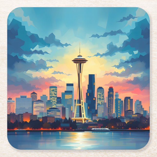 Seattle Digital Painting Skyline Coaster Set (Front)