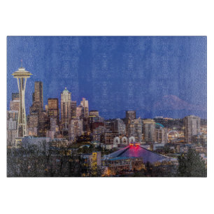 Seattle, Downtown and Mt. Rainier at Twilight Cutting Board