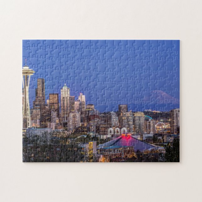 Seattle, Downtown and Mt. Rainier at Twilight Jigsaw Puzzle (Horizontal)