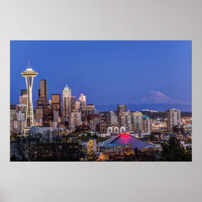 Seattle, Downtown and Mt. Rainier at Twilight Poster (Front)