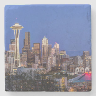 Seattle, Downtown and Mt. Rainier at Twilight Stone Coaster